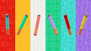 Illustratie van zes verticale gekleurde banen met in elke baan een vrolijk gekleurde sigaret.