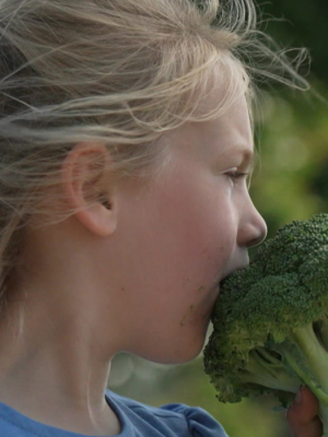 Kind lijkt hap te nemen van stronk rauwe broccoli