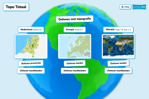 Een samengestelde afbeelding. Op een rijtje staan de kaart van Nederland, de kaart van Europa en de wereldkaart. Op de achtergrond een onscherpe wereldbol. Onder de afbeeldingen staan knoppen met 'oefenen'.
