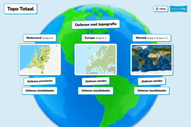 Een samengestelde afbeelding. Op een rijtje staan de kaart van Nederland, de kaart van Europa en de wereldkaart. Op de achtergrond een onscherpe wereldbol. Onder de afbeeldingen staan knoppen met 'oefenen'.