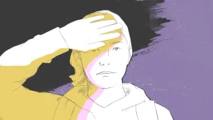Een potloodtekening van een meisje van een jaar of 15 met een paardenstaart en hoodie. Ze houdt haar hand voor haar ogen tegen het licht. De illustratie is gekleurd met geel, paars en roze.
