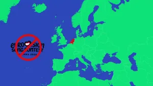 Animatie van kaart waarop te zien is dat Nederland in 2026 niet meedoet aan Eurovision