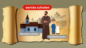 Illustratie van papieren boekrol met illustratie van kerk, monnik en twee jonge jongens in monnikgewaden.