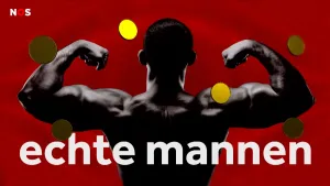 Illustratie van gespierde man die zijn biceps aanspant, gezien vanaf de rug. Er vallen gouden muntjes naar beneden en onderaan staat de tekst 'echte mannen'.
