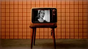 Beeld van een ouderwetse televisie op een houten krukje, met een oranje geruit behangetje erachter.