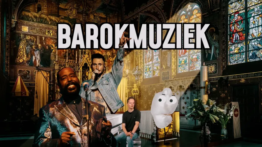 Foto van kerk met glas in lood-ramen. In de kerk zie je afbeeldingen van presentator Sander Zwiep achter piano, Barry White achter microfoon en Adam Levine van Maroon 5. Ook een plaatje van een soort popcorn met ogen en pootjes.