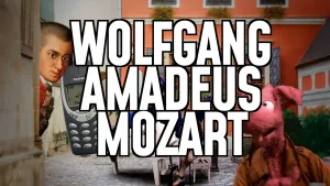 Collage van beelden van straat, Mozart, Nokia-telefoon en Ab Normaal. Daaroverheen de tekst Wolfgang AMadeus Mozart.
