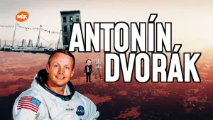 Collage van een oranje landschap met afbeeldingen van een man met een baard, een groot internationaal schip, een flatgebouw en astronaut Neil Armstrong.