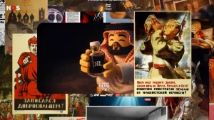 Een samenstelling van afbeeldingen. Middenin een Lego-poppetje dat eruitziet als een Arabier, met rood-wit-geblokte hoofdbedekking, die liefhebbend een flesje olie vasthoudt. Er omheen propaganda-posters uit allerlei tijdperken, in verschillende talen.