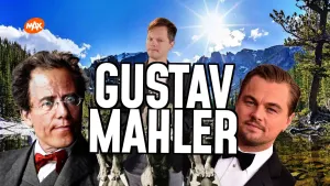 Foto van presentator Sander Zwiep voor berglandschap met aan de ene kant een foto van componist Gustav Mahler, met pak, rode strik en bril en aan de andere kant acteur Leonardo DiCpario. Ertussen staat de naam Gustav Magler in grote witte letters.