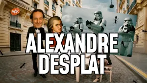 Foto van straat in Parijs met man in zwart pak, Mozart, en een plaatje van Storm Troopers uit Star Wars. Daarvoor in witte letters Alexandre Desplat.