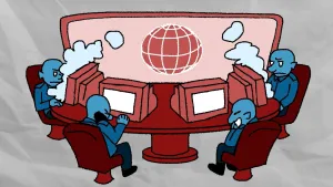 Illustratie van vier mannen op ouderwetse computers aan grote ronde tafel. Rookwolkjes stijgen op uit twee computers, de mannen aan die computers kijken boos.