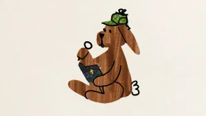 Illustratie van bruine paashaas met een groen mutsje en in zijn ene hand een vergrootglas en in de andere een bijbel.