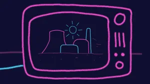Illustratie van televisie met kerncentrale in roze en blauwe lijnen op donkere achtergrond.