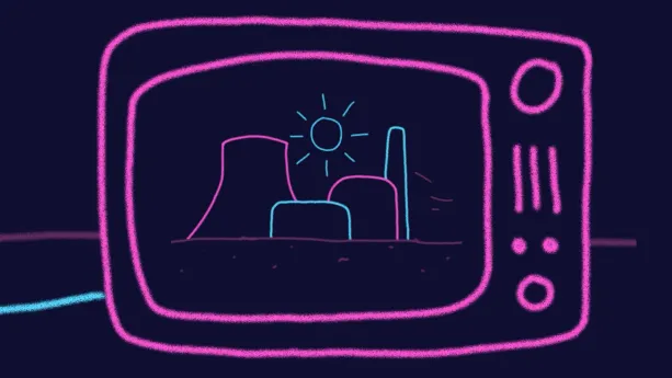 Illustratie van televisie met kerncentrale in roze en blauwe lijnen op donkere achtergrond.