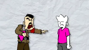 Illustratie van boze Hitler die boos wijst naar jongensfiguur met roze t-shirt.