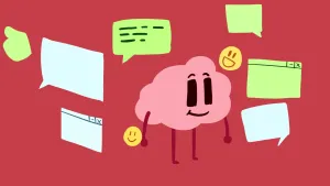 Illustratie van breintje met ogen en pootjes die kijkt naar meldingen van social media die om hem heen verschijnen.