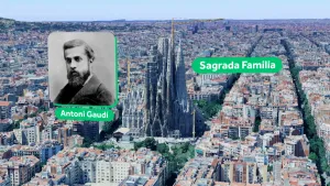 Luchtfoto van de Sagrada Familia in Barcelona, enorme kathedraal met hoge torens, middenin de stad.
