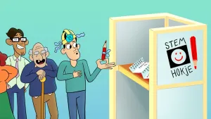 Illustratie van mensen in de rij voor een stemhokje.