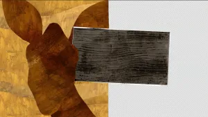 Een illustratie op een computerscherm. De omtrek van een hert op een gele achtergrond. Naast het hert een vierkant vlak met een soort houtstructuur en stippellijntjes erdoor.