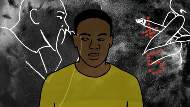 Een illustratie van een jongen die met zijn ogen naar links kijkt. Een met potlood getekende man fluistert iets naar hem. Rechts van de jongen een rokend gezicht van dichtbij, waardoor je alleen de mond, neus en een hand ziet.