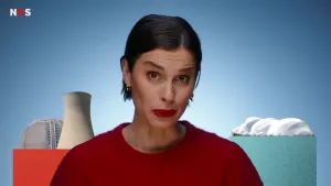 Een foto van een presentatrice in een rode trui in de studio, ze kijkt in de camera. Naast haar staat een plaatje van een klassieke kerncentrale met een grote ronde betonnen toren, en een plaatje van een kleine kerncentrale die op een wolk lijkt.