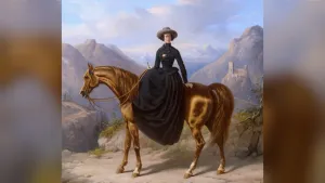 Schilderij van Alexine Tinne, een vrouwelijke ontdekkingsreizigster op een bruin paard. Ze is gekleed in een lange zwarte jurk en met een hoed.