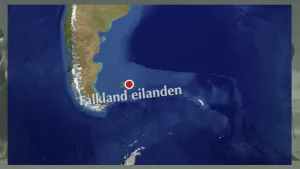 Kaartje met de ligging van de Falklands in de zuidelijke Atlantische Oceaan.