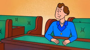 Illustratie van vrouwelijke minister in blauw jasje en bruin haar in de groene banken van de Eerste Kamer in de jaren vijftig van de vorige eeuw, minister Marga Klompé.