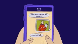 Illustratie van smartphone met daarop een chatgesprek over de nieuwe jas van een klasgenoot, met een emoji die huilt van het lachen.