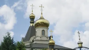 Bovenkant kerk met gouden torentjes.