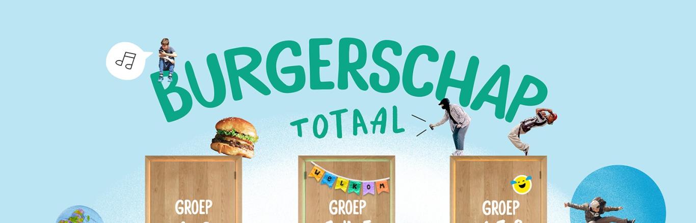 Illustratie van drie houtkleurige deuren met links groep 1-2, midden groep 3,4,5 en rechts groep 7-8. Boven de deuren staat in grote letters 'Burgerschap Totaal' en eromheen staan illustraties van dingen die te maken hebben met burgerschap.