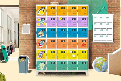 Illustratie van schoolgang met kluisjes in vrolijke kleuren. Naast de kluisjes zijn kapstokken met jassen en een skateboard, een prullenbak met een bananenschil, een opblaas wereldbol en een kalender aan de muur.