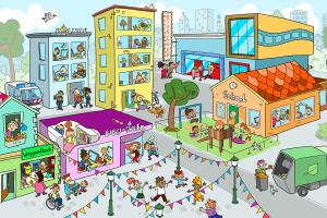 Illustratie van een minimaatschappij met een flat waar allerlei mensen wonen, een politiebureau waar agenten aan het werk zijn, een weggeefhoek waar spullen worden uitgedeeld, een feestplein, een bibliotheek, een school, een bios en een vuilniswagen