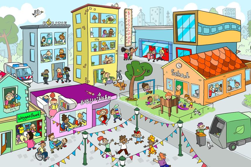 Illustratie van een minimaatschappij met een flat waar allerlei mensen wonen, een politiebureau waar agenten aan het werk zijn, een weggeefhoek waar spullen worden uitgedeeld, een feestplein, een bibliotheek, een school, een bios en een vuilniswagen