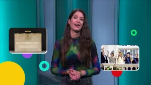 Jeugdjournaalpresentatrice Milou in decor van Jeugdjournaal met beelden van koffertje en balkonscene prinsjesdag.