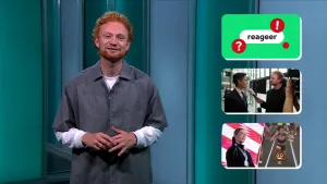 Foto van Jeugdjournaalpresentator Sil in Jeugdjournaaldecor met drie afbeeldingen uit het nieuws, Rob Jetten en sporter.