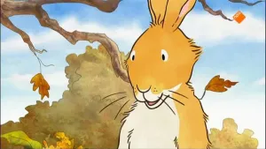 Illustratie van haas bij herfstige eikenboom.