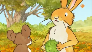 Illustratie van haas en muis met groene stekelige kastanje.