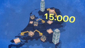 Een tekening van Nederland met 15.00 erop en huizen en gebouwen die gesloopt worden.