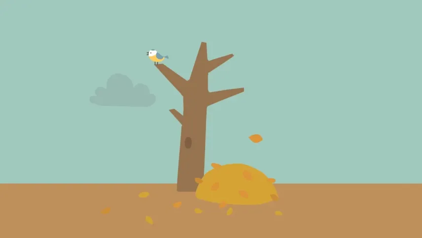 Illustratie van kale boom in de herfst met berg gele blaadjes ernaast.