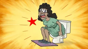 Illustratie van meisje op de wc die pijn heeft bij het plassen.