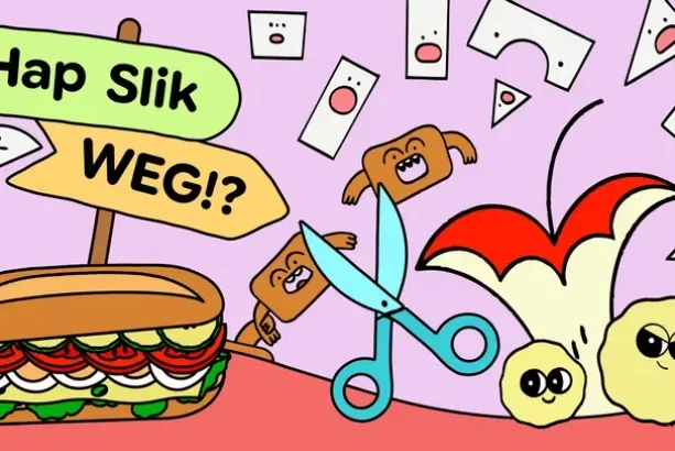 Een illustratie met een broodje egzond en allerlei voedidingsstoffen en een schaar.