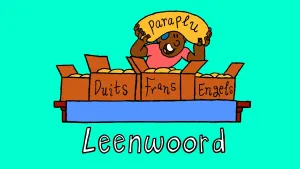 Illustratie van figuur bij drie dozen met daarop de woorden Duits, Frans en Engels. Daaronder het woord 'leenwoord'. Figuur houdt woord paraplu omhoog.