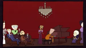 Een tekening van een chique huiskamer met allerlei mensen. Er staat een piano waar iemand op speelt, iemand staat ernaast te zingen en mensen zitten op een bank met glaasjes champagne. Er hangt een kroonluchter.